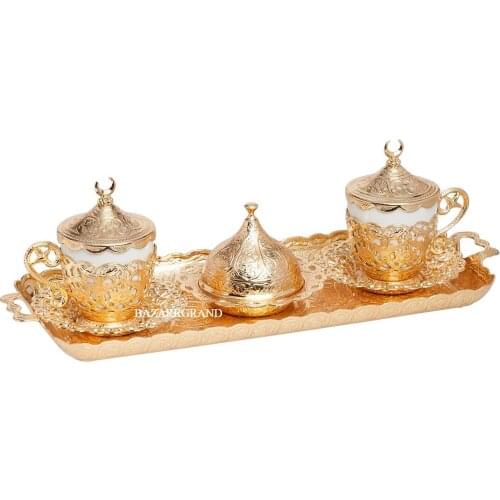 Luxury Turkish porcelain coffee pot set and plates DOUBLE NESKAFE SET - GELINCIK - WHITE - YELLOW - TIN - ANTIQUE COPPER - ANTIQ