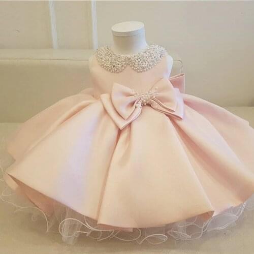 New Fashion Beaded Bow Flower Girl Dresses For Wedding Princess Fluffy Tulle Baby Girls Baptism Christening 1st Birthday Gown