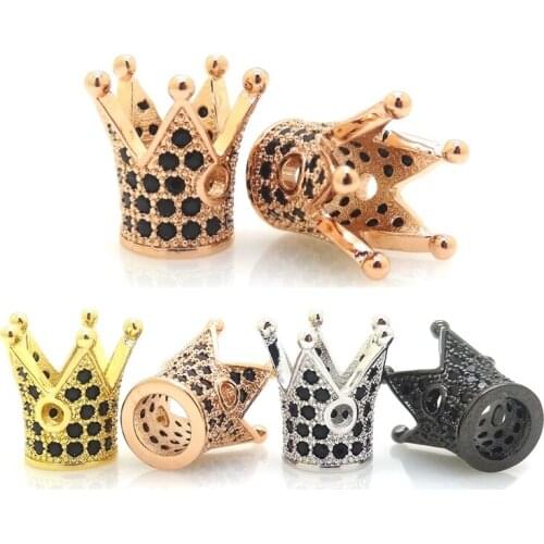 New Pave Setting Black Cubic Zirconia Crown Beads,Fit Fashion Men Bracelet Jewelry Making Crown Metal Beads10Pcs