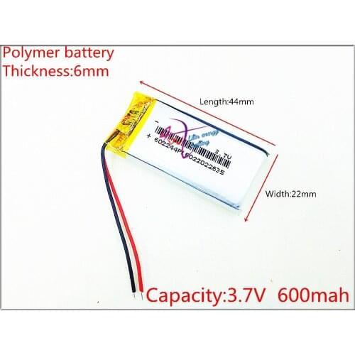 Polymer battery 602244 3.7V 600MAH smart home MP3 speakers Li-ion battery for dvr,GPS,mp3,mp4,cell phone,speaker