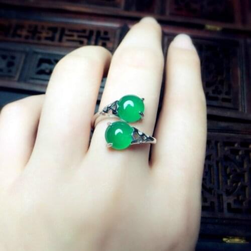 Silver Plated Layer Round Cabochon Green Agates Resizable Finger Open Ring Fashion Jewelry