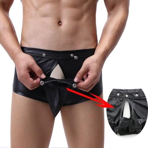 Sexy Gay Underwear Mens Boxers Faux Leather Exotic Open Crotch Men Panties Button Open Big Penis Pocket Black PU Men Boxershort