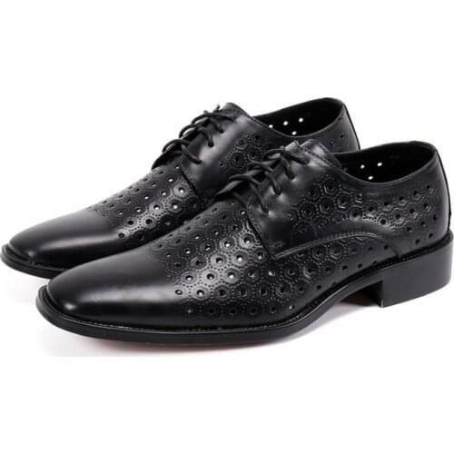 Summer Genuine Leather Dress Shoes Men Wedding Shoes Mens Black Pointed Toe Laces Hollow Breathable Derby Casual Party Shoes