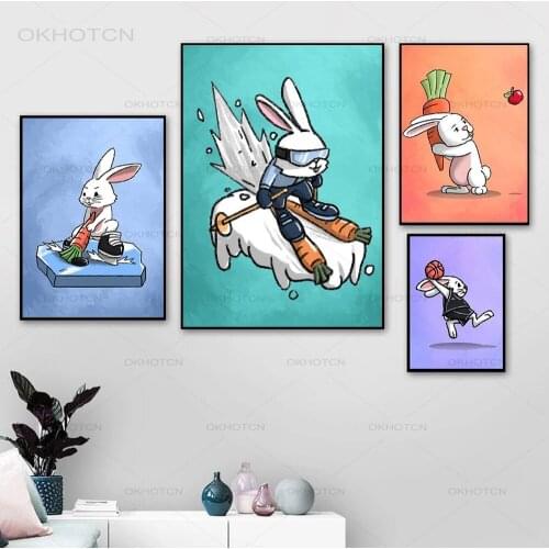Funny Cute Bunny Rabbit Color Poster Baseball Basketball Bowling Skiing Hare Canvas Painting Cartoon Kid Room Nursery Wall Decor
