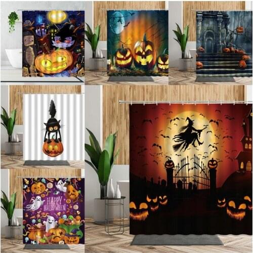 Happy Halloween Shower Curtains Funny Pumpkin Elf Witch Ghost Forest Holiday Decor Background Wall Cloth Waterproof Bath Curtain