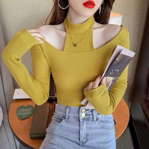 Gkfnmt Slash Neck T Shirt Women Cotton Elastic Basic T-shirts Female Sexy Tops Long Sleeve Halter T-shirt Women Black Yellow