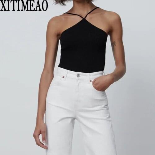 ZA Women Fashion Sexy Cropped Solid Color Knitted Blouses Vintage Backless Thin Straps Female Shirts Cross Necked Vest Chic Tops