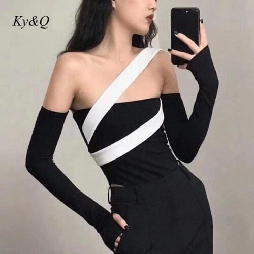 Gothic Irregular Black White Patchwork Bandage Single Shoulder Slim Bodysuit Women Jumpsuit Elastic Long Sleeve Easy Matching