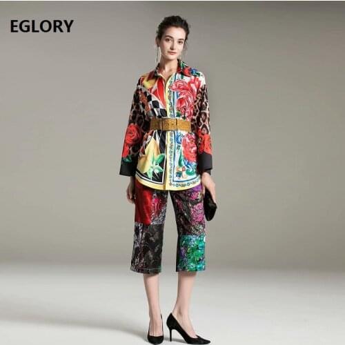 High Quality Womens Set 2021 Spring Summer Suit & Sets Woman Vintage Print Casual Loose Shirts+Calf Length Pants & Capris Set