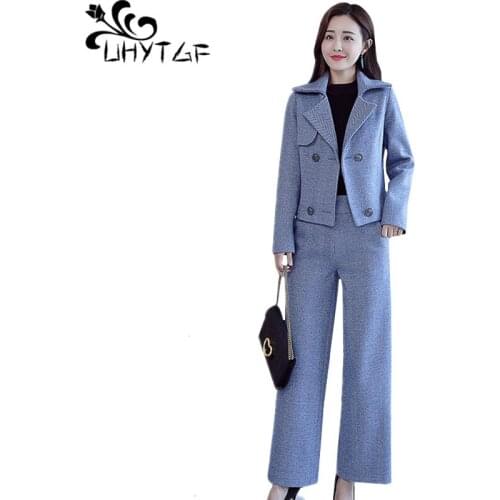 UHYTGF Autumn winter woolen 2 piece set women double-breasted short coat +wide-leg pants suit Female casual sports set women 765