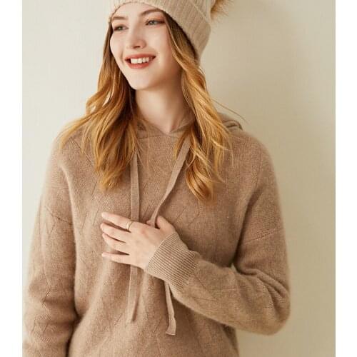 LONGMING Women Sweater Hoodie 100% Cashmere Sweatshirt Pullover Women Wool Knitted Sweater Autumn Loose Sweater Hooded Jumpers