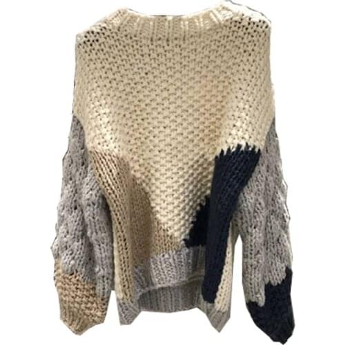 Color Patch Sweater Women 2021 Spring Autumn New Loose Pullover Thick Thread Knitted Jumper Top Lady Casual Clothes