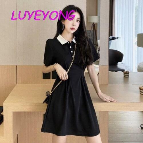 High Waist Lapel Collar Button Mini Dresses Black Elegant Korean Fashion Lady Dress A-line Short Sleeve Midi Pullover Clothes