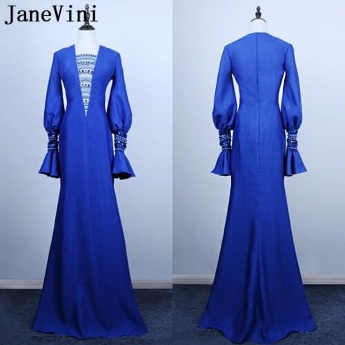 JaneVini Vestidos Royal Blue Long Sleeve Godmother Evening Formal Dress V-Neck Mermaid Beaded Mother Of The Bride Dresses 2018