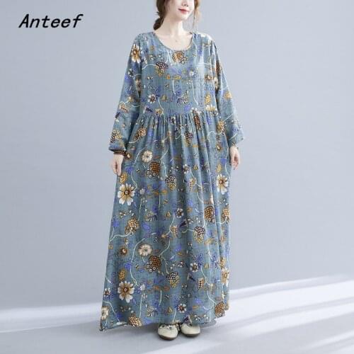 Long sleeve cotton vintage floral dresses for women casual loose long woman summer spring autumn dress elegant clothes 2021