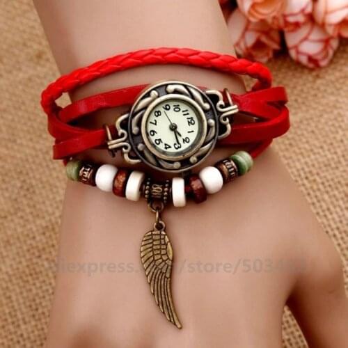 100pcs/lot Wing Pendant Watch Vintage Bracelet Wrap Watch Classic Design Bronze Color Leather Watch Girl Quartz Watch