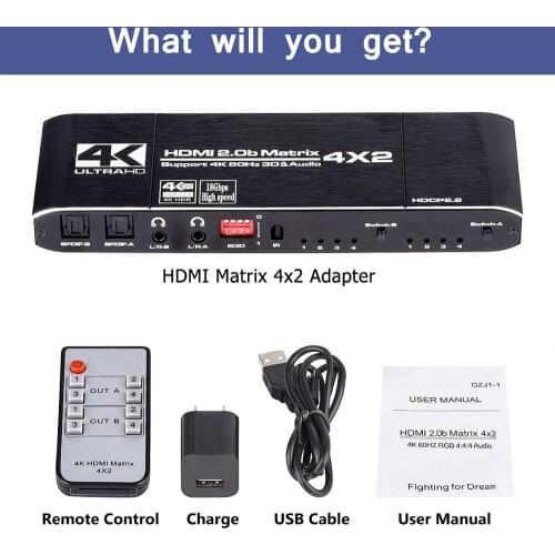 18.5 Gbps Matrix 4x2 4K@60Hz Switch Splitter with SPDIF and L/R 3.5mm HDR HDMI-compatible Switch 4x2 Support HDCP 2.2 3D