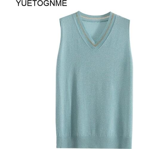 2021 Knit Top Women Sleeveless shining Basic T Shirts Casual Summer Blue V Neck Tank Top Vintage FashionTSP205