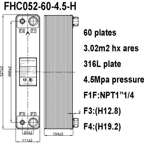 3.02m2 Stainless Steel PHE 60 Plates 4.5 Mpa Pressure Brazed Plate Heat Exchanger
