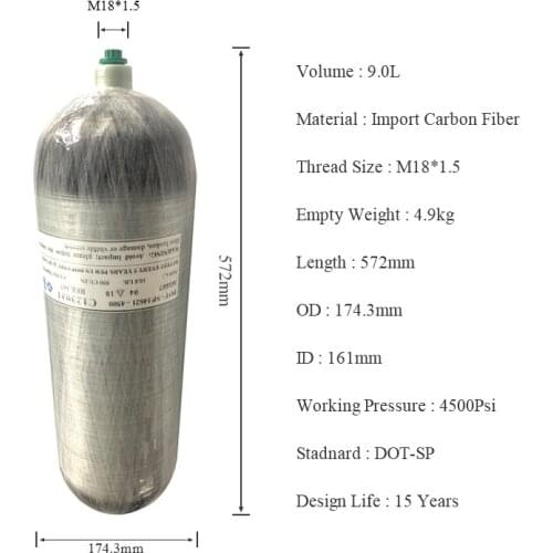 AC2090 Acecare Air/HPA Rilfe Cylinder 4500Psi 300Bar DOT Certification 9L Tank for PCP/Diving Air Breathing Air Gun Accessories