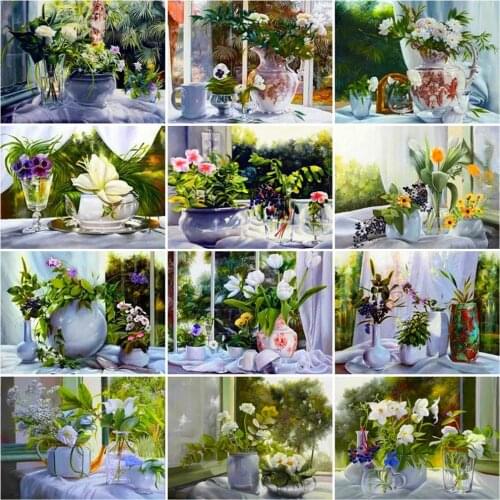 HUACAN Diamond Painting Vase Of Flowers Full Square/Round Diamond Embroidery Mosaic Window Landscape Home Art