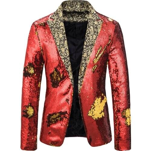Mens Casual Glitter Suit Blazer Jacket Men New Flower Lapel 2 Color Conversion Blazer Men Nightclub Stage Singers Blazer Hombre