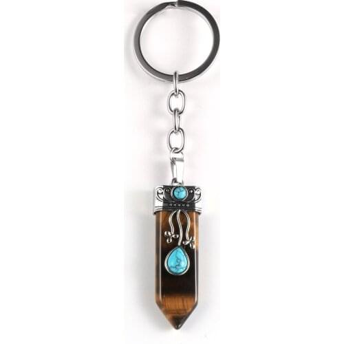 Natural Gem Stone Hexagonal Cone Key Chain Tiger Eye Pink Crystal Green Tanglin Turquoises Arrow Shape Keyring Keychain Jewelry