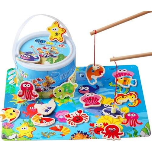 Wooden Magnetic Fishing Toys Set Marine Fishing Game Educational Wood Toys for Children with Gift Box