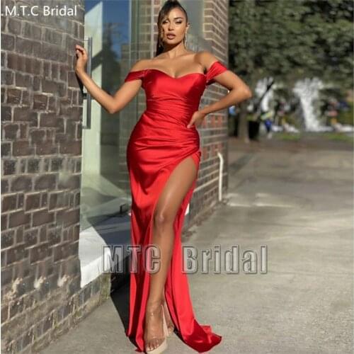 Red Sexy Mermaid Prom Dresses High Slit Off The Shoulder Pleat Satin Long Formal Dress Plus Size Women Evening Gowns Wholesale