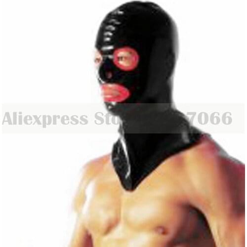 Unisex black and trims red latex mask dress rubber hood with back zip RLM012