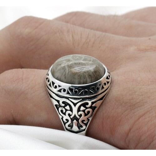 Male RIng 925 Sterling Silver Men Ring Natural Coral-Stone Vintage Butterfly Punk Style Ring For Men Party Jewelry Wedding Ring