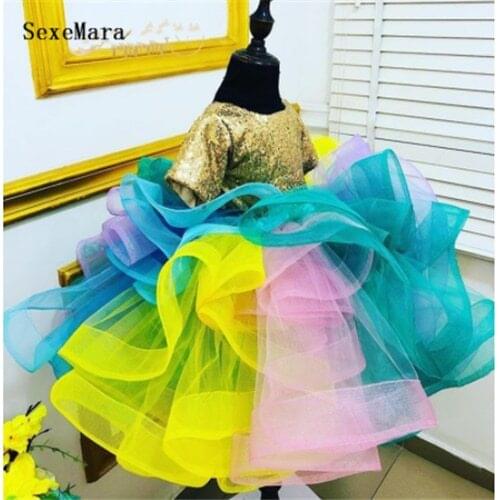 New Arrival Lovely Baby Girl Birthday Dress Gold Sequined O Neck Short Sleeve Flower Girl Dress Kids Clothes 12M 18M 24M