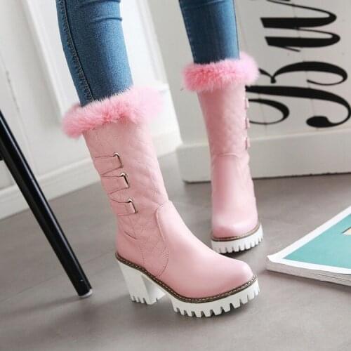 PXELENA Faux Fur Chunky Block High Heels Mid Calf Boots Women Shoes Side Zipper Round Toe Riding Knight Punk Boots 2018 Winter