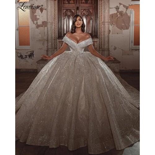 Puffy Shiny Fabric Muslim Wedding Dresses Long Off Shoulder Luxury Bride Dress Bridal Gowns Sequined Wedding Gown Robe Mariage