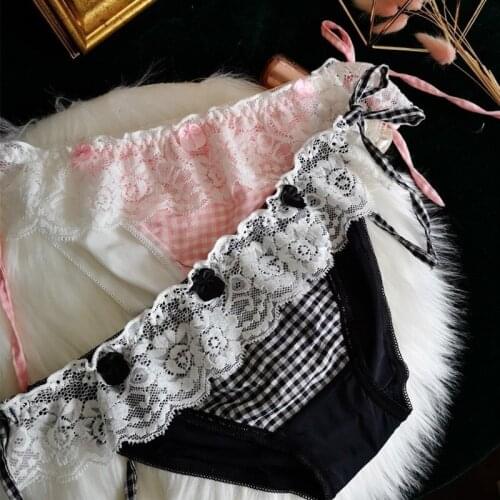 Cute Girl Bow Grid Underpant Seamless Panties For Women Sexy Lace Thong Underwear Bandage Briefs Female Intimate Lingerie Bikini