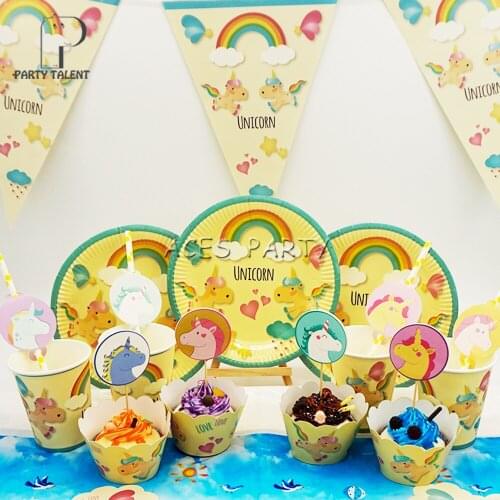 Party supplies 62pcs for 12 kids Unicorn theme birthday party decoration tableware set, plate+cup+straw+banner+wrapper+topper