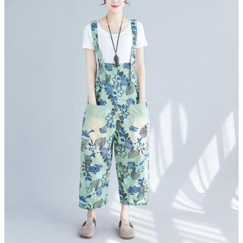 Spring Literary Womens Fashion Floral Print Loose Nine-points Denim Jumpsuit Retro Hole Stitching Straight Casual Trousers