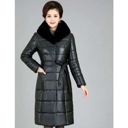 Winter 2021 New Leather Jacket Whth Belt Thicken Warm Winter Coat Women Long Fur Parkas Leather Coat Female Outerwear Plus Size