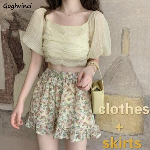 Women Sets Slash Neck Lantern Sleeve Sexy Corp Top Bow Floral Pleated High Waist Skirts Streetwear Chic Leisure Womens 2 Pecs