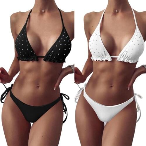 Ladies Summer Split Swimwear Set, Adults Women Creative Rhinestone Decoration Hanging Neck Sexy Bikini Backless Swimsuit