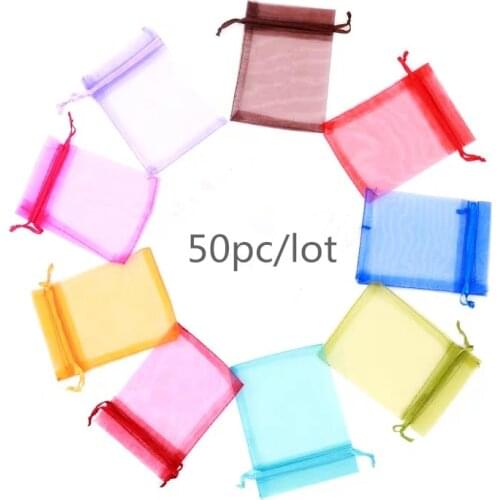 50pcs/lot (4 Size) Organza Gift Bag Jewelry Packaging Bag Wedding Party Goodie Packing Favors Cake Pouches Drawable Bags Present