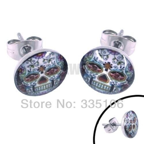 Free Shipping! Enamel Flower Ghost Skull Earrings Stainless Steel Jewelry Fashion Motor Biker Men Earring Studs SJE370044