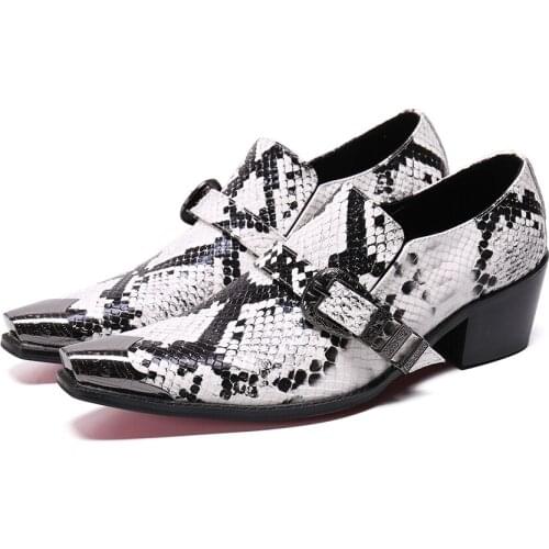 Christia Bella Personalized Fashion Men Metal Pointed Toe Buckle Heighten Shoes Men Black and White Genuine Leather Party Shoes