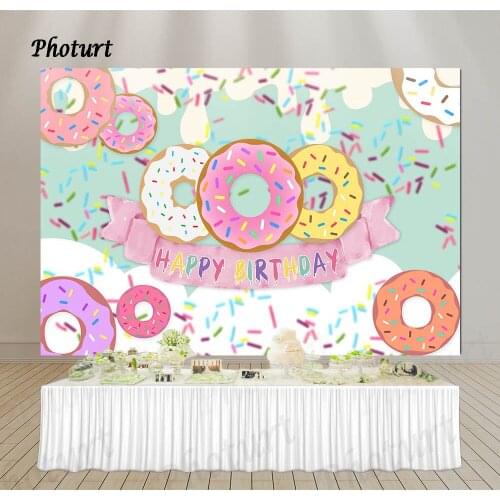 PHOTURT Sweet Donut Backdrop Girl 1st Birthday Baby Shower Photography Background Pink Polyester Vinyl Photo Studios Props