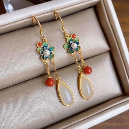 Natural Hetian white jade water drop tassel Pendant Necklace Chinese retro palace style designer original craft silver jewelry