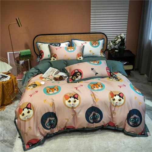 4 Piece Kitty Bedding Sheets for Girls Egypt Cotton Satin Duvet Cover Set Pink Bed Linen King Queen Size Bed Covers Pillowcases