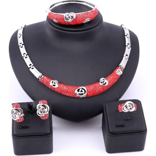 African Beads Jewelry Set Women Austrian Crystal Fashion African Dubai Red Full Rhinestone Necklace Earring Fine Jewelry Sets