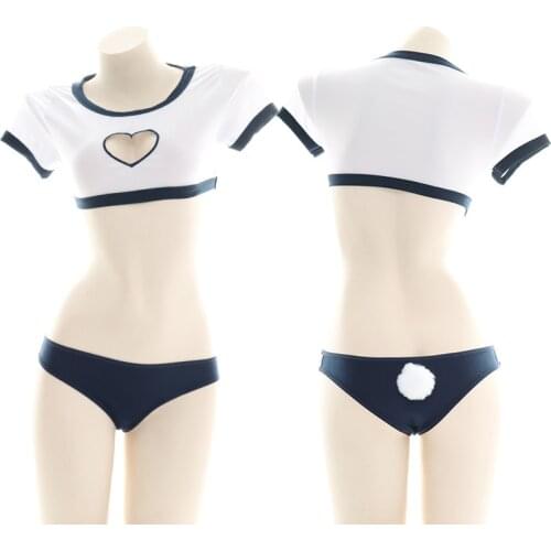 Japanese High School Student Cosplay Gymnastics Suit Love Heart Open Chest Two Pieces Swimsuit Rabbit Tail Underwear