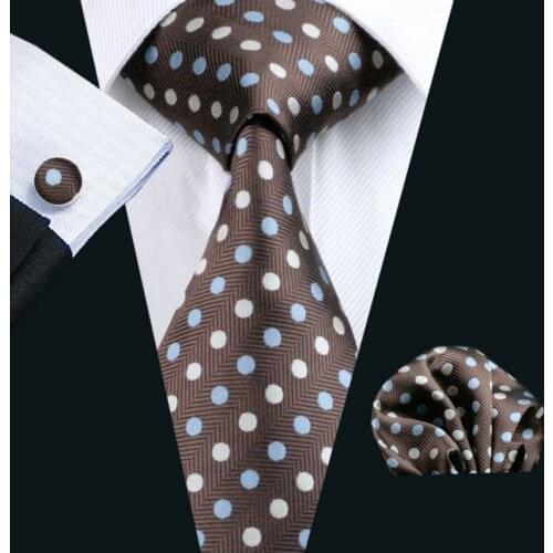 LS-911 2016 Fashion Mens Brown Polka Dots 100% Silk Barry.Wang Tie Hanky Cufflink Set For Men Formal Wedding Party Free Shipping
