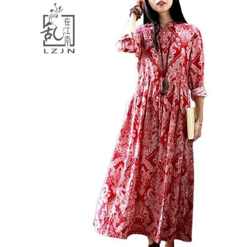 LZJN 2019 Spring Summer Long Floral Dress Mori Girl Red Vintage Cotton Robe Femme Ethnic High Waist Shirt Dress with Pockets
